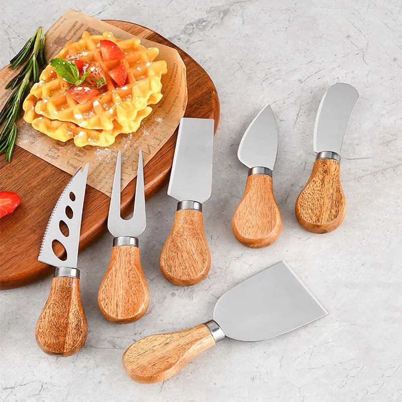Conjunto de Facas Para Queijo em Aço Inoxidável e Madeira