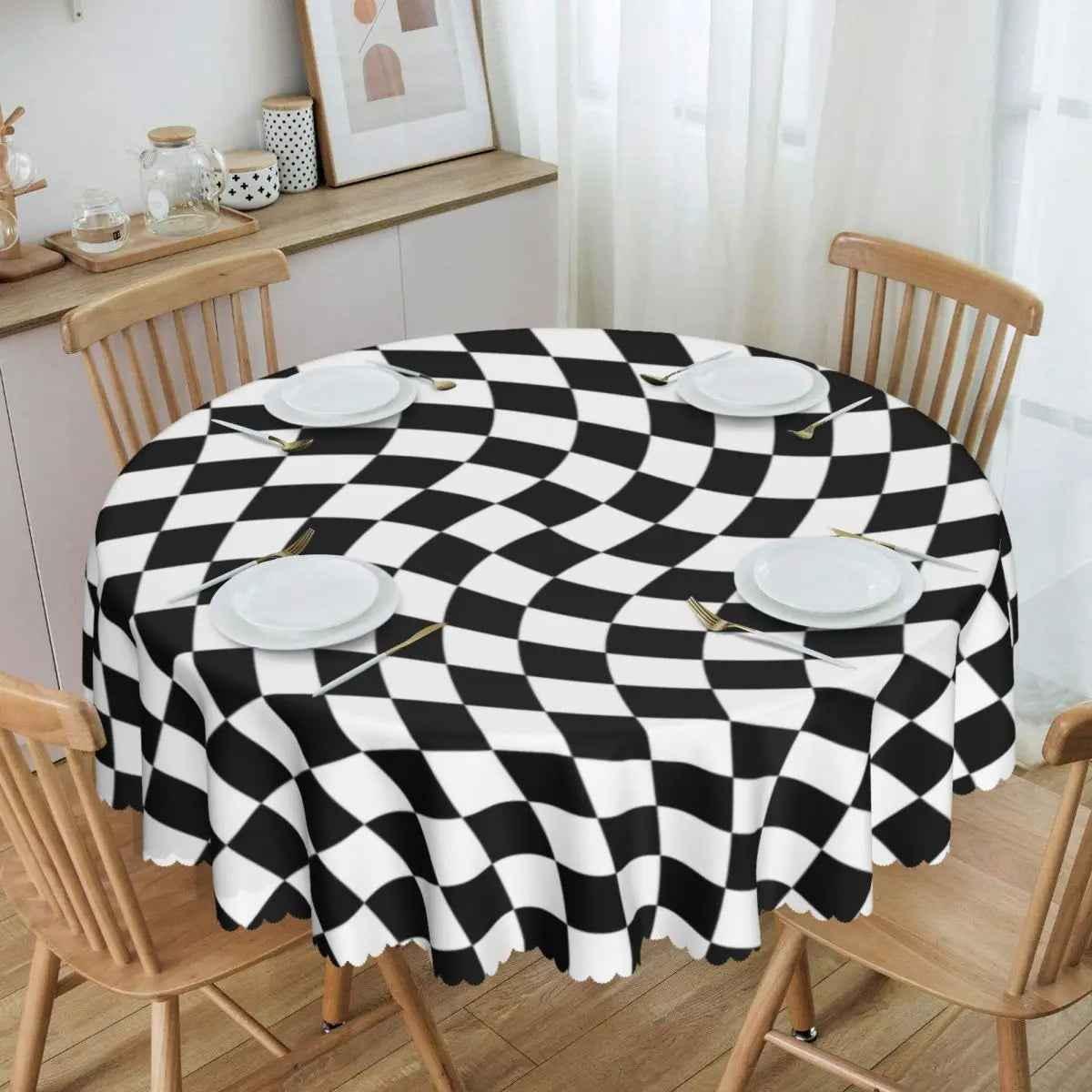 Toalha de Mesa Redonda Ilusão Óptica Preto e Branco 60"