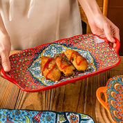 Prato de peixe de cerâmica estilo boêmio com alça: bandeja retangular de mesa de jantar de 12,8 polegadas, adequado para micro-ondas e forno, 1 peça