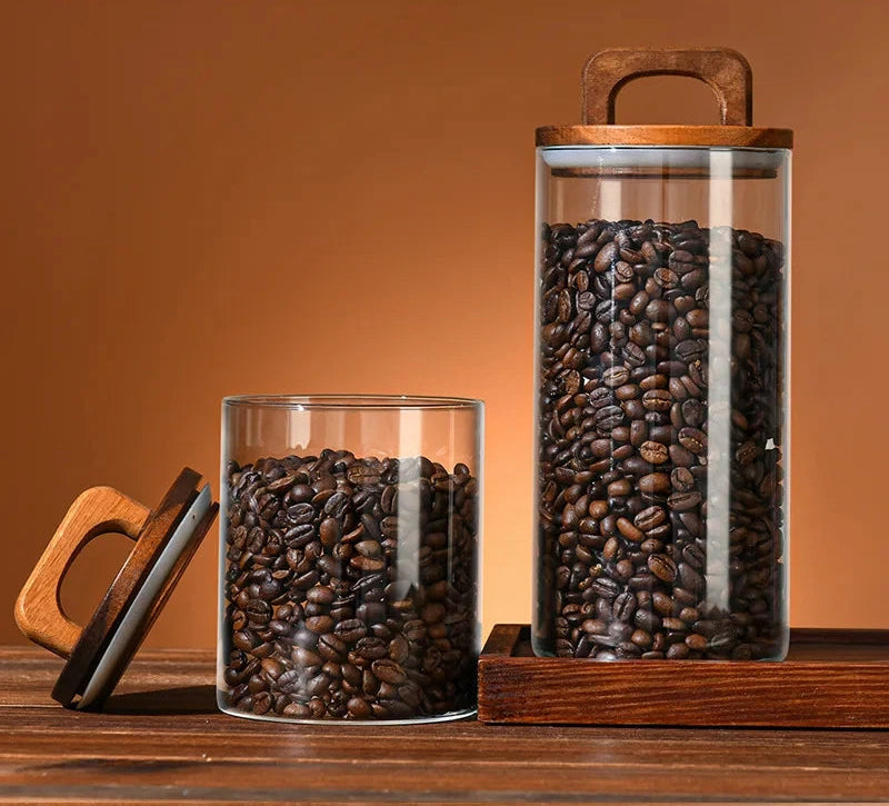 Tampa de madeira pote de vidro hermético recipiente de alimentos chá grãos de café garrafas de armazenamento de cozinha jar selado motivos frasco de doces