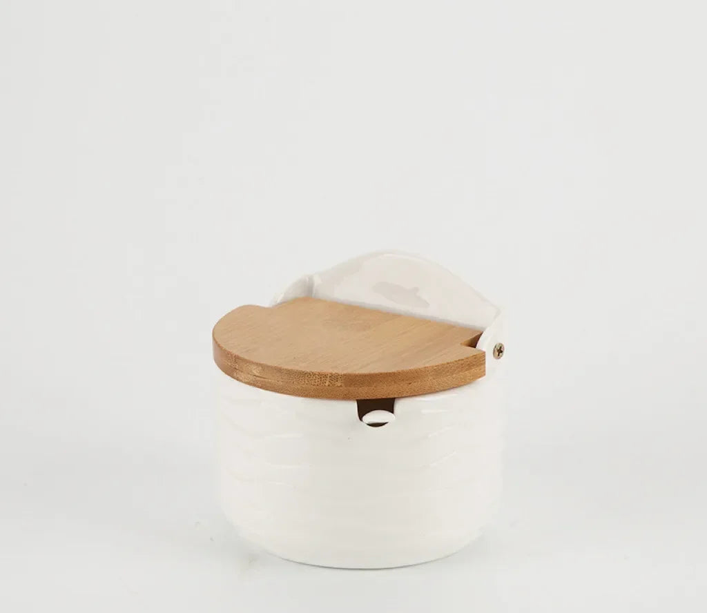 Jarra de tempero de cerâmica estilo japonês, tampa de bambu, jarra de especiarias com colher, cozinha, açúcar, sal, especiarias, caixa de armazenamento, recipiente doméstico
