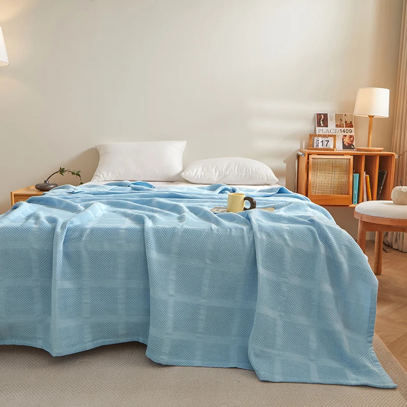 Cobertor de algodão puro, grade de favo de mel, colcha de verão sólida, cobertores de cochilo respiráveis, lençol azul para crianças adultas e bebês 150*200cm