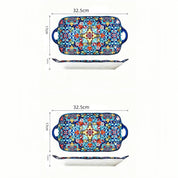 Prato de peixe de cerâmica estilo boêmio com alça: bandeja retangular de mesa de jantar de 12,8 polegadas, adequado para micro-ondas e forno, 1 peça