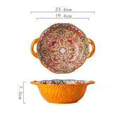 Tigela de sopa de cerâmica estilo boêmio com alça, design seguro para micro-ondas em relevo, ótimo para servir sopa, saladas, macarrão ramen