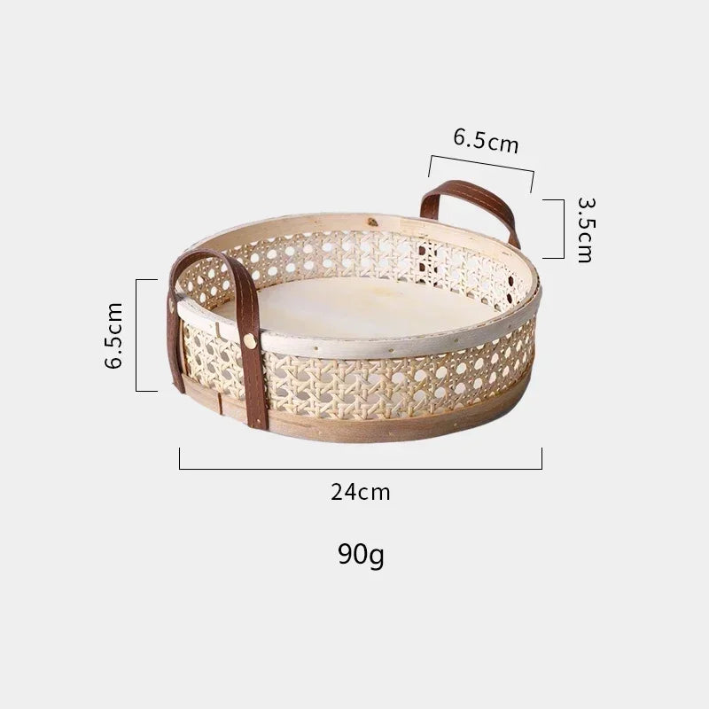 Nordic retro artesanal armazenamento rattan bandeja de couro alça frutas pão diversos desktop decoração da família cesta redonda pequena
