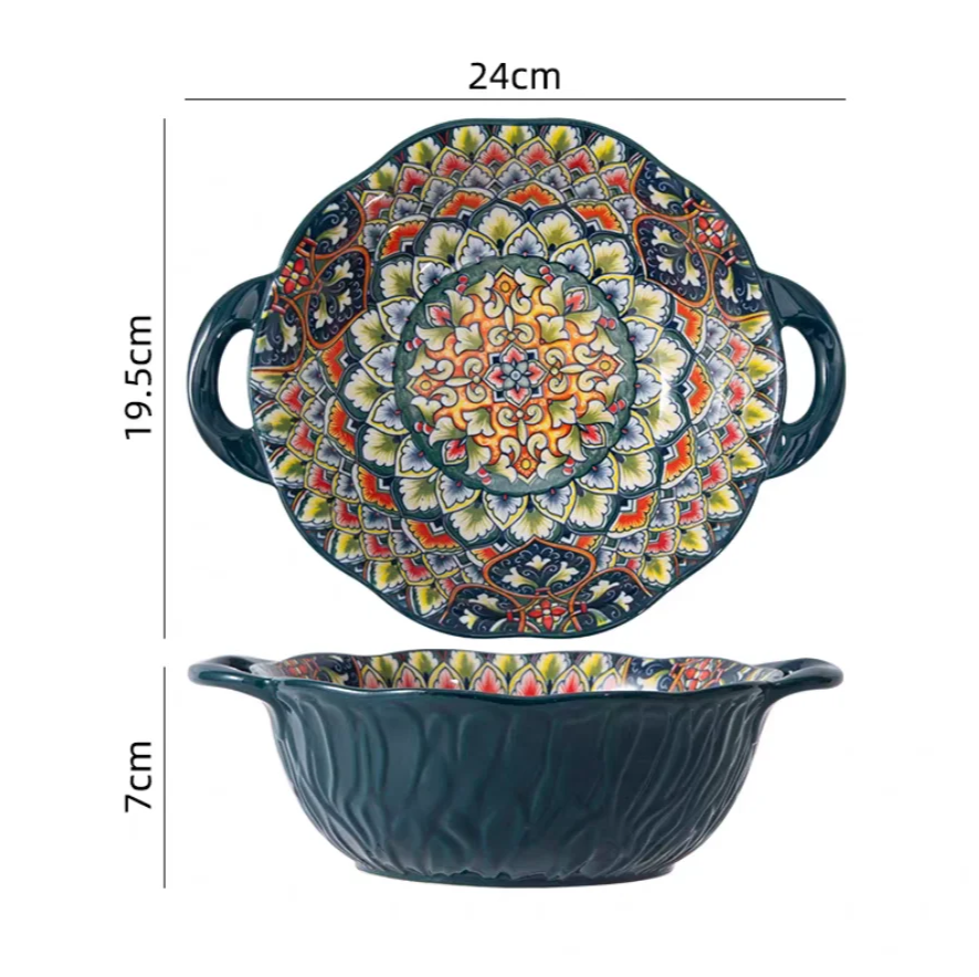 Tigela de sopa de cerâmica estilo boêmio com alça, design seguro para micro-ondas em relevo, ótimo para servir sopa, saladas, macarrão ramen