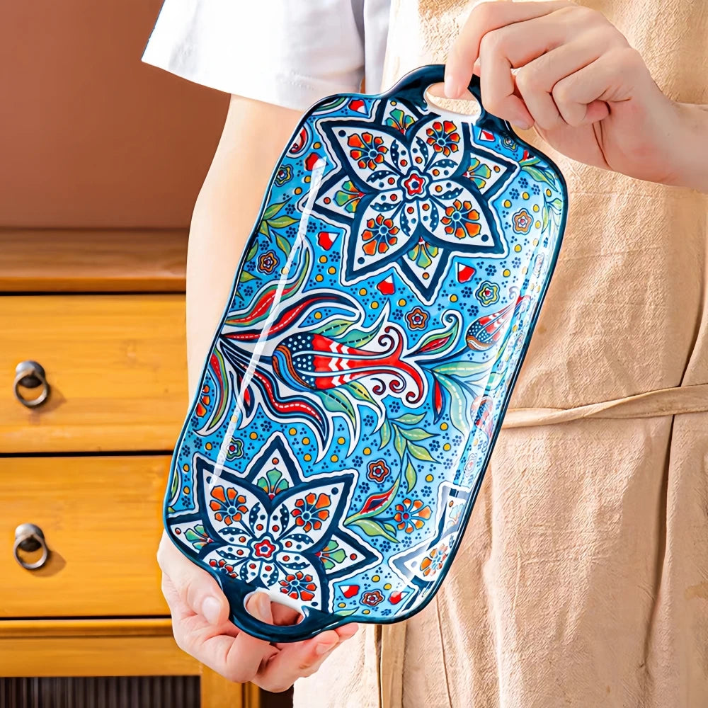 Prato de peixe de cerâmica estilo boêmio com alça: bandeja retangular de mesa de jantar de 12,8 polegadas, adequado para micro-ondas e forno, 1 peça