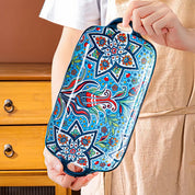 Prato de peixe de cerâmica estilo boêmio com alça: bandeja retangular de mesa de jantar de 12,8 polegadas, adequado para micro-ondas e forno, 1 peça