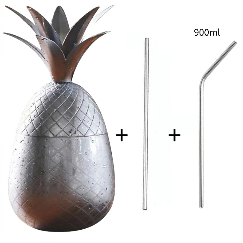 Copo de abacaxi de aço inoxidável, caneca mule de moscou, canecas de metal criativas, copos de vidro de coquetel com canudo e tampa, canecas de coquetel, ferramenta de bar