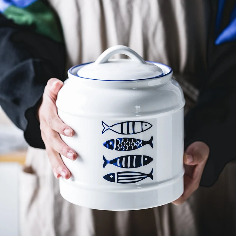 Jarro selado cerâmico com tampa, jarra do armazenamento da mercearia, grande capacidade, transportador portátil do chá, armazenamento do petisco da umidade-prova, uso home