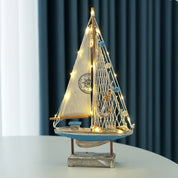 Retro estilo mediterrâneo de madeira led barco à vela modelo criativo oceano estilo desktop ornamento artesanato pequeno barco decoração para casa presente