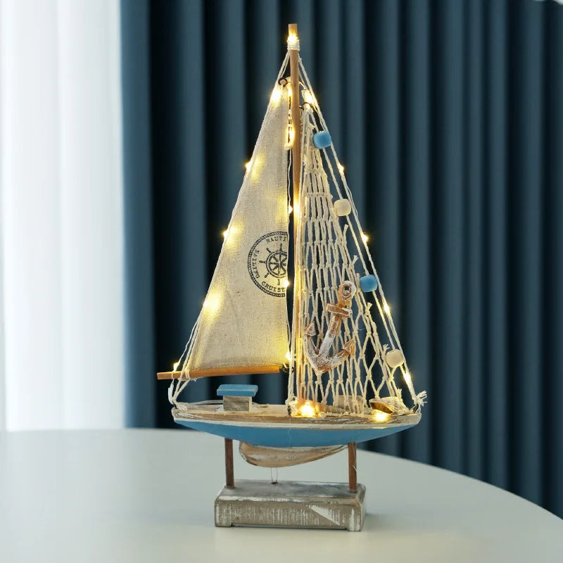 Retro estilo mediterrâneo de madeira led barco à vela modelo criativo oceano estilo desktop ornamento artesanato pequeno barco decoração para casa presente