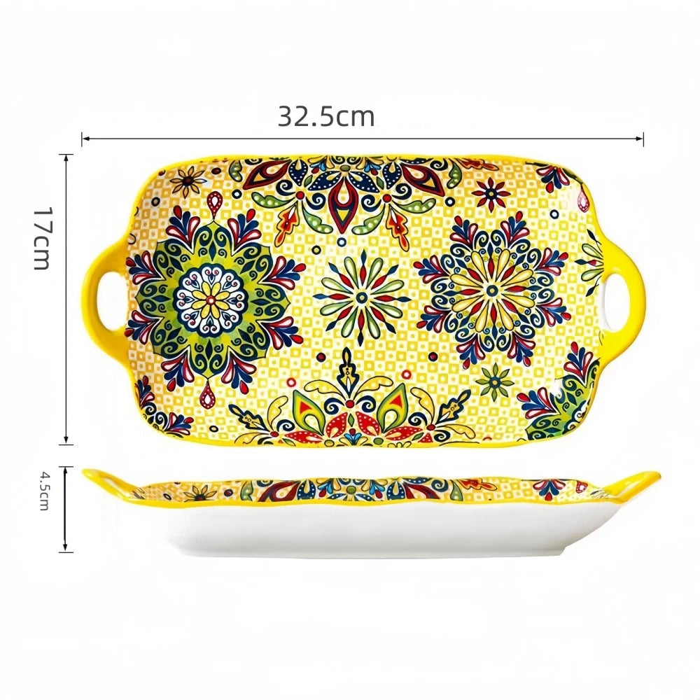 Prato de peixe de cerâmica estilo boêmio com alça: bandeja retangular de mesa de jantar de 12,8 polegadas, adequado para micro-ondas e forno, 1 peça