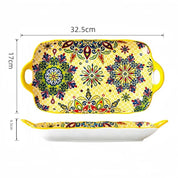 Prato de peixe de cerâmica estilo boêmio com alça: bandeja retangular de mesa de jantar de 12,8 polegadas, adequado para micro-ondas e forno, 1 peça