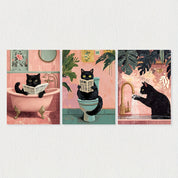 Caprichoso gato preto leitura jornal cartaz imprime banheiro vintage rosa maximalista decoração engraçado toalete pintura em tela arte da parede