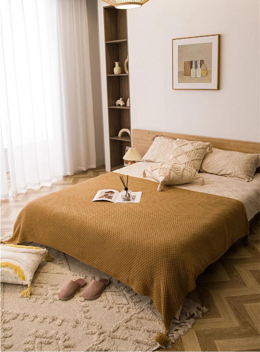Cobertores nórdicos para cama, sofá, colcha de malha grossa, cobertor de malha com borla, cor lisa, waffle em relevo