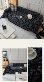 Capa de sofá de pelúcia de lã polar, espessura de pano, antiderrapante, toalha de sofá, estampa geométrica, almofada de assento, cobertor de cobertura completa
