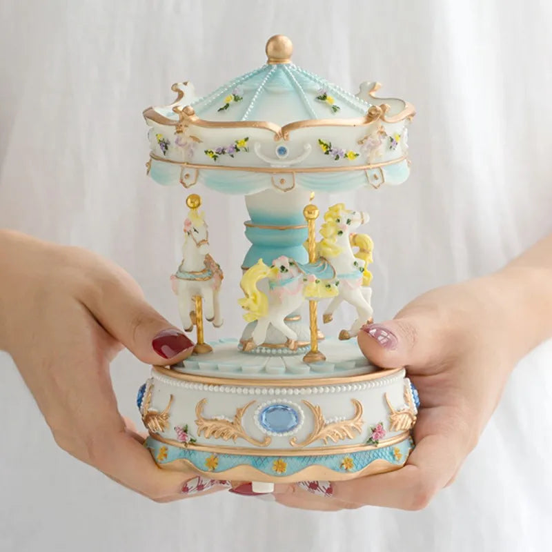 Brinquedo musical de resina artesanal, cavalo giratório, carrossel, caixa de música, artesanato, decoração de casa, brinquedos colecionáveis, presente de aniversário