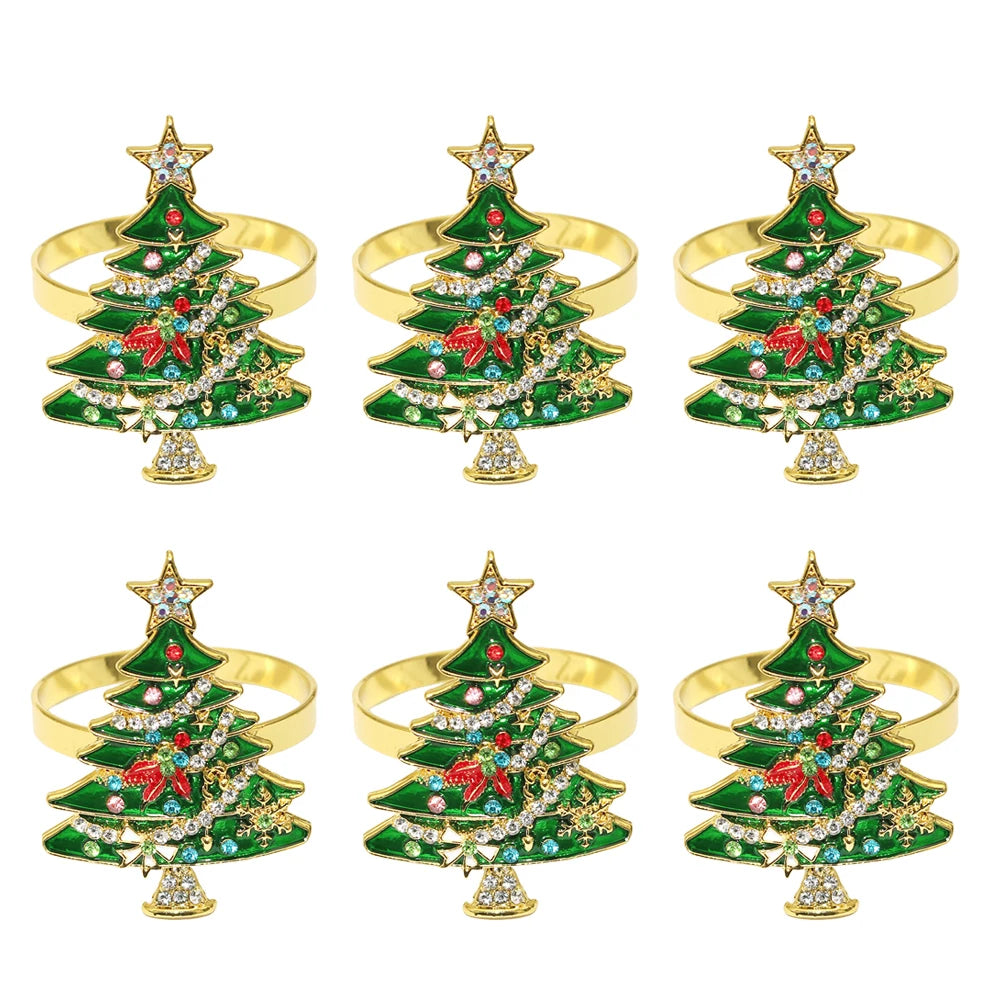 6 pçs anéis de guardanapo de natal árvore de natal floco de neve veados quebra-nozes guardanapo titular fivela de guardanapo de ouro para festa de natal decoração de mesa