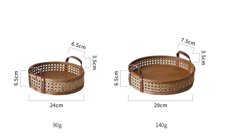 Nordic retro artesanal armazenamento rattan bandeja de couro alça frutas pão diversos desktop decoração da família cesta redonda pequena