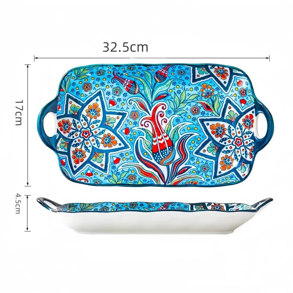 Prato de peixe de cerâmica estilo boêmio com alça: bandeja retangular de mesa de jantar de 12,8 polegadas, adequado para micro-ondas e forno, 1 peça