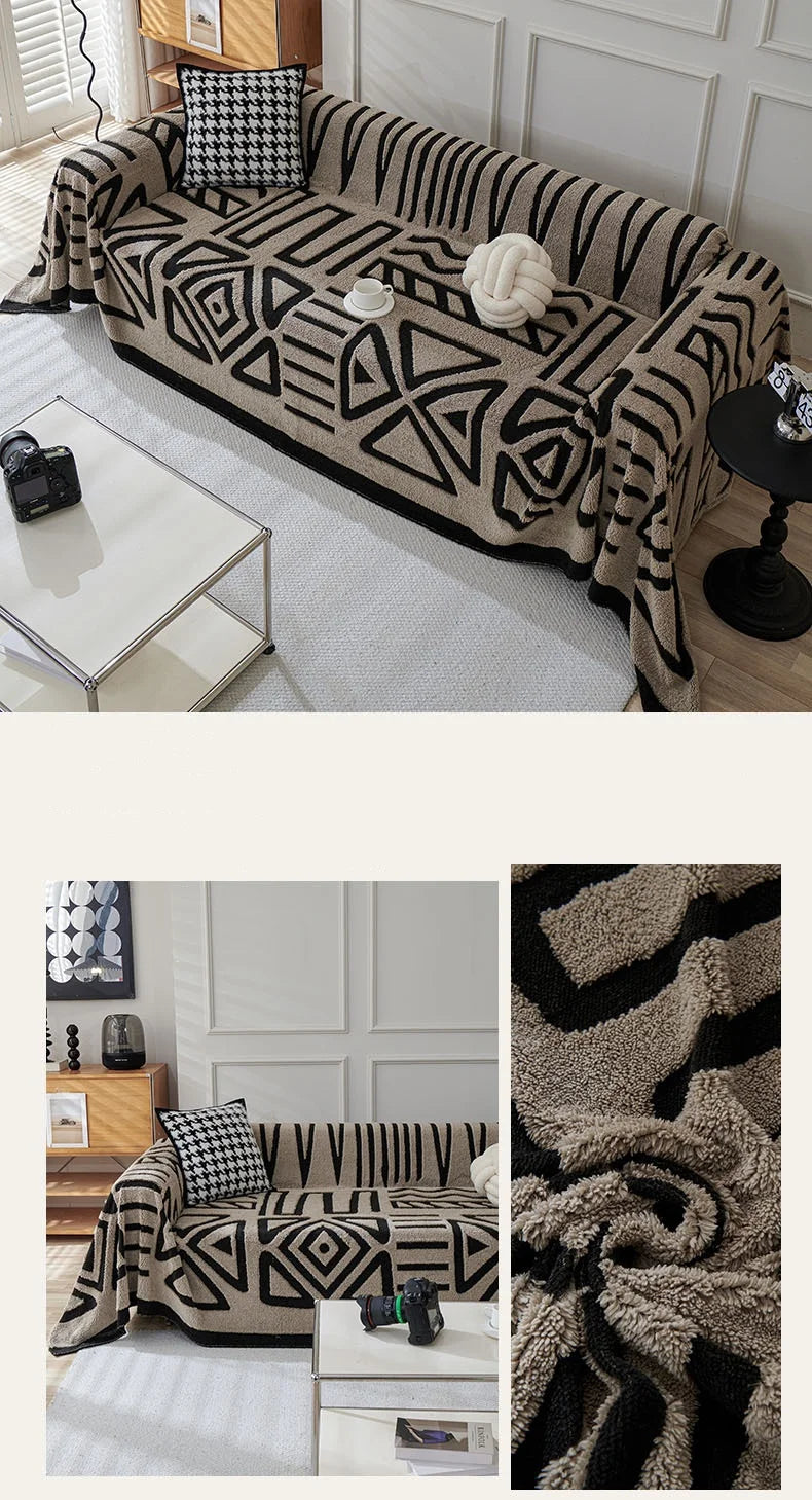Capa de sofá de pelúcia de lã polar, espessura de pano, antiderrapante, toalha de sofá, estampa geométrica, almofada de assento, cobertor de cobertura completa