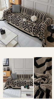 Capa de sofá de pelúcia de lã polar, espessura de pano, antiderrapante, toalha de sofá, estampa geométrica, almofada de assento, cobertor de cobertura completa