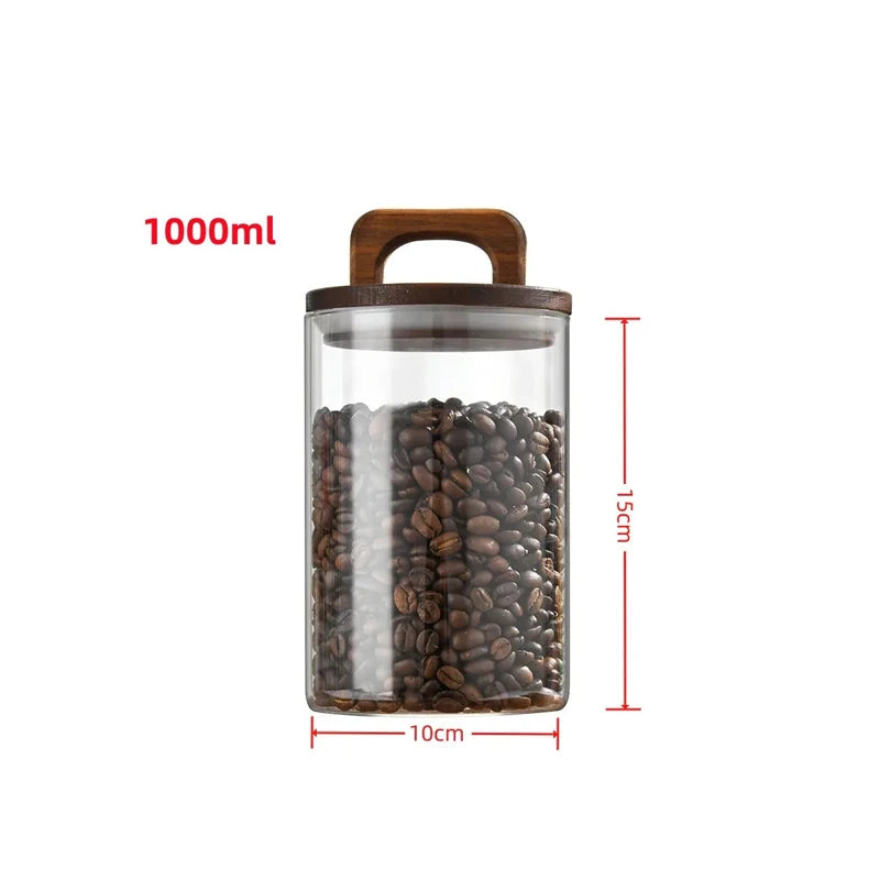 Tampa de madeira pote de vidro hermético recipiente de alimentos chá grãos de café garrafas de armazenamento de cozinha jar selado motivos frasco de doces