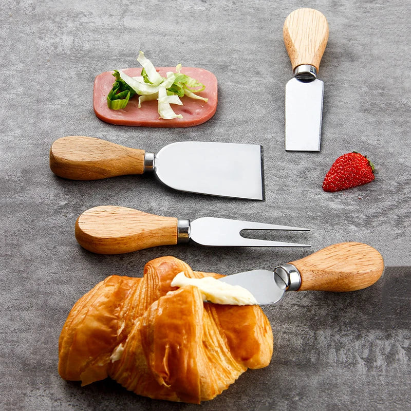 Conjunto de Facas Para Queijo em Aço Inoxidável e Madeira