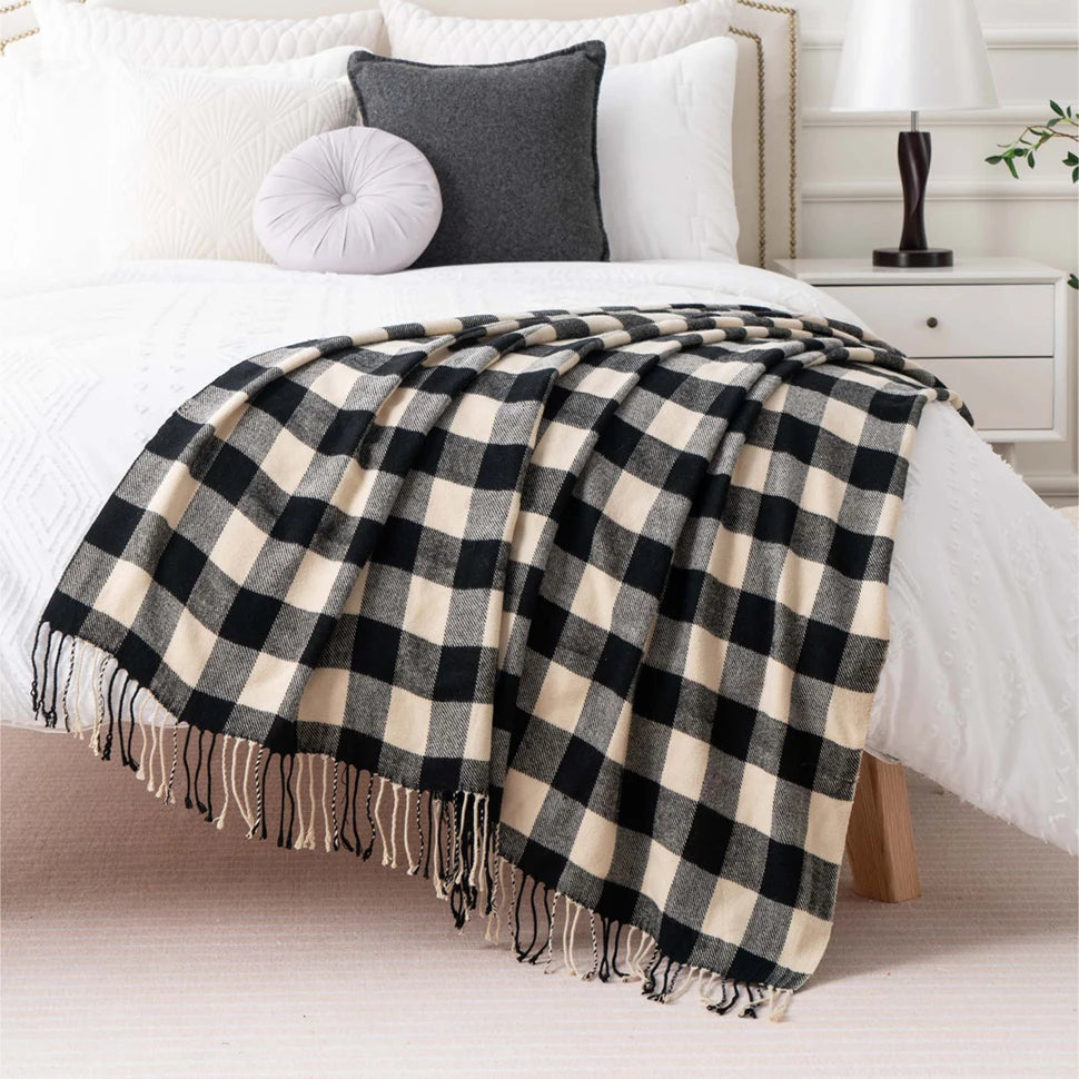 Battilo xadrez lance cobertor para cama sofá verde leve cobertor de caxemira cobertores com borlas primavera lance decoração para casa