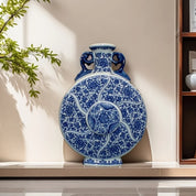 Vaso de porcelana artesanal com decoração tradicional chinesa floral azul e branco, garrafa de lua de orelha dupla estilo antigo
