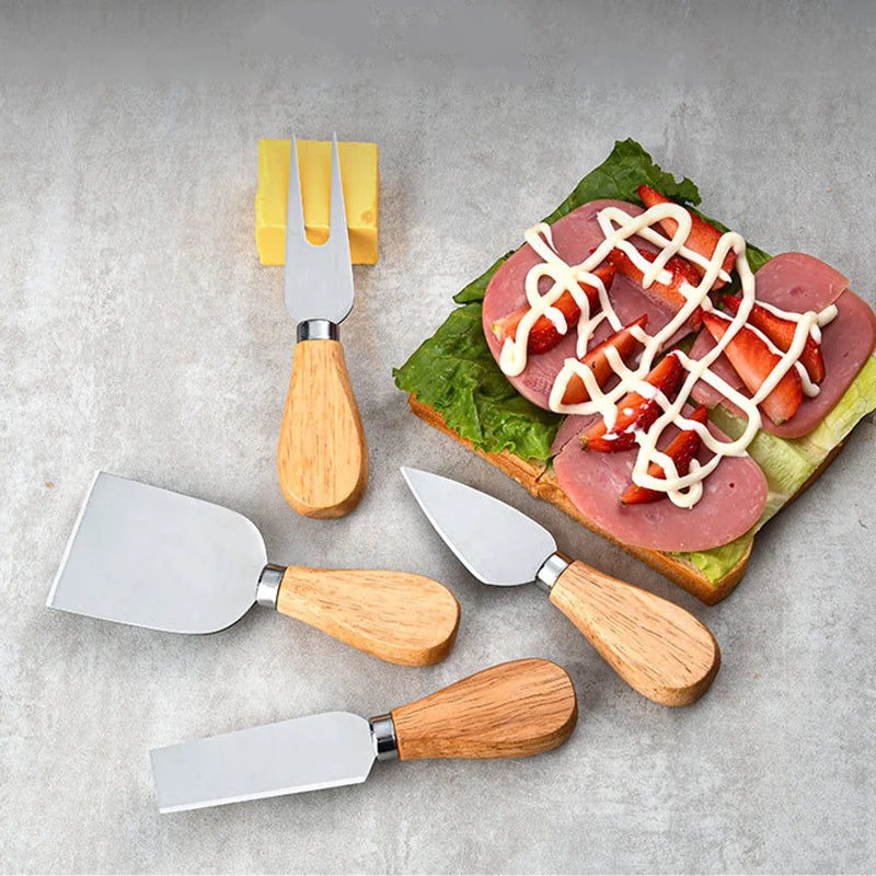 Conjunto de Facas Para Queijo em Aço Inoxidável e Madeira