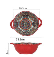 Tigela de sopa de cerâmica estilo boêmio com alça, design seguro para micro-ondas em relevo, ótimo para servir sopa, saladas, macarrão ramen