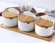 Jarra de tempero de cerâmica estilo japonês, tampa de bambu, jarra de especiarias com colher, cozinha, açúcar, sal, especiarias, caixa de armazenamento, recipiente doméstico