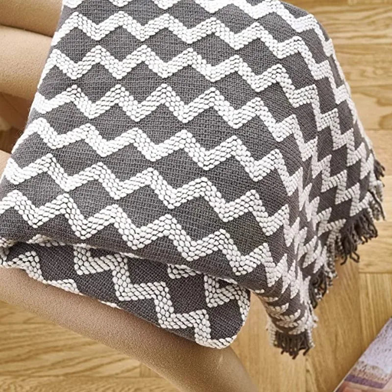 Cobertor de malha acrílica onda cinza, leve e macio, cobertor decorativo com borlas para viagens, sofá, cama