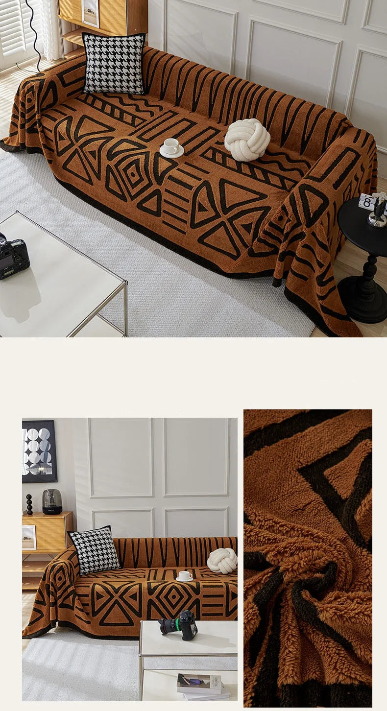 Capa de sofá de pelúcia de lã polar, espessura de pano, antiderrapante, toalha de sofá, estampa geométrica, almofada de assento, cobertor de cobertura completa