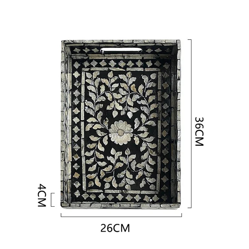 Ahunderjiaz-Bandeja Retro Shell Quadrado, Sala De Jantar E Sala De Estar, Decorações De Mesa, Armazenamento De Luxo Preto Leve, Bandeja De Frutas, Casa D