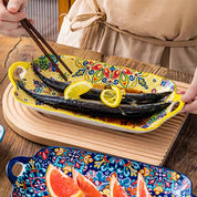 Prato de peixe de cerâmica estilo boêmio com alça: bandeja retangular de mesa de jantar de 12,8 polegadas, adequado para micro-ondas e forno, 1 peça