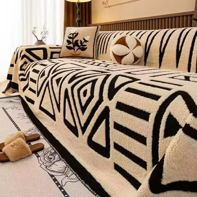 Capa de sofá de pelúcia de lã polar, espessura de pano, antiderrapante, toalha de sofá, estampa geométrica, almofada de assento, cobertor de cobertura completa