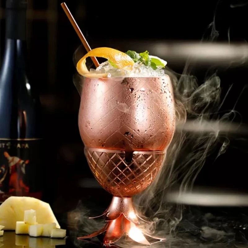 Copo de abacaxi de aço inoxidável, caneca mule de moscou, canecas de metal criativas, copos de vidro de coquetel com canudo e tampa, canecas de coquetel, ferramenta de bar