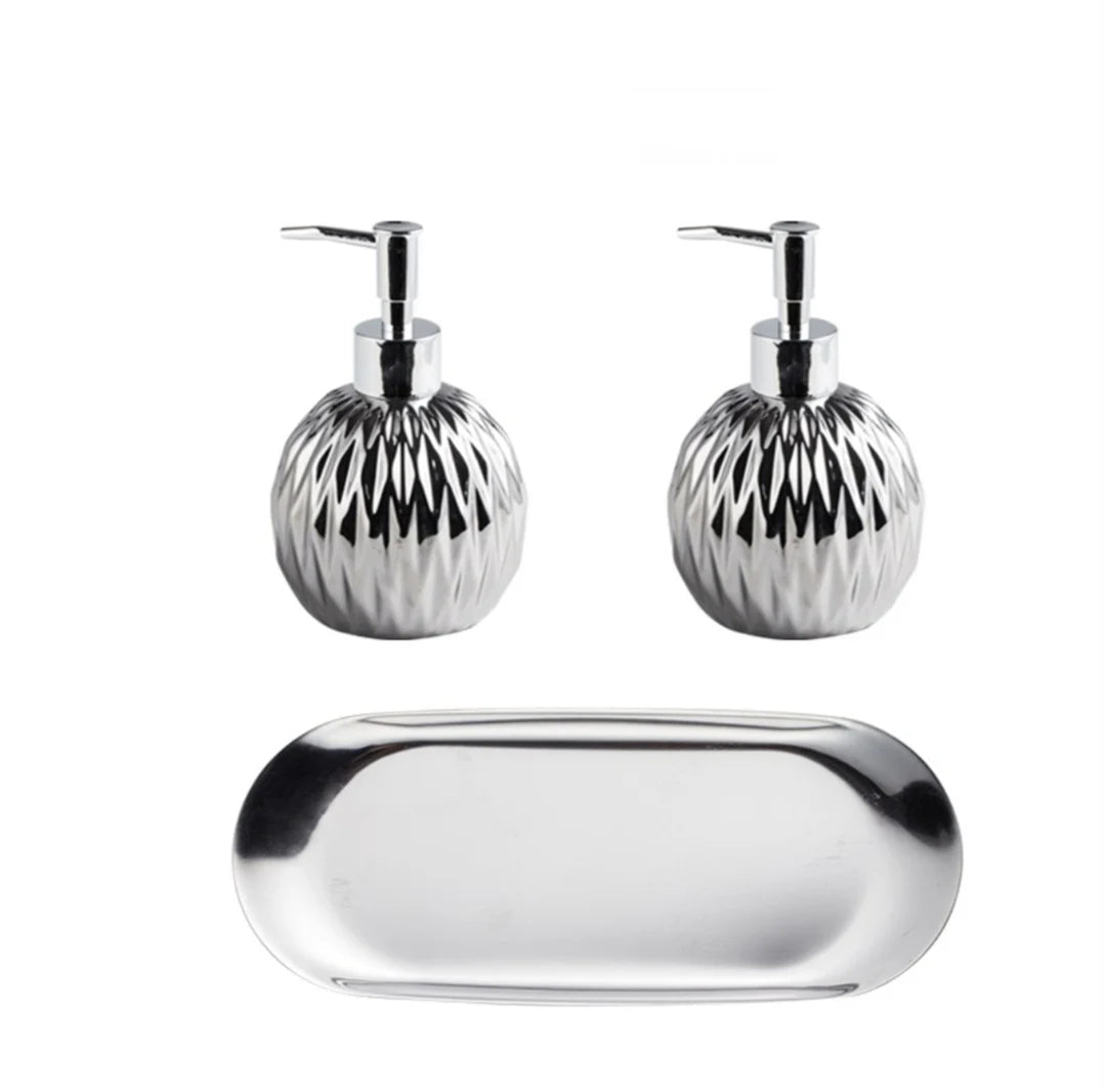 Luxo Gold Soap Dispenser com Press handle Ceramic Dispenser Silver Dispenser com aço inoxidável Bandeja Banheiro Acessório