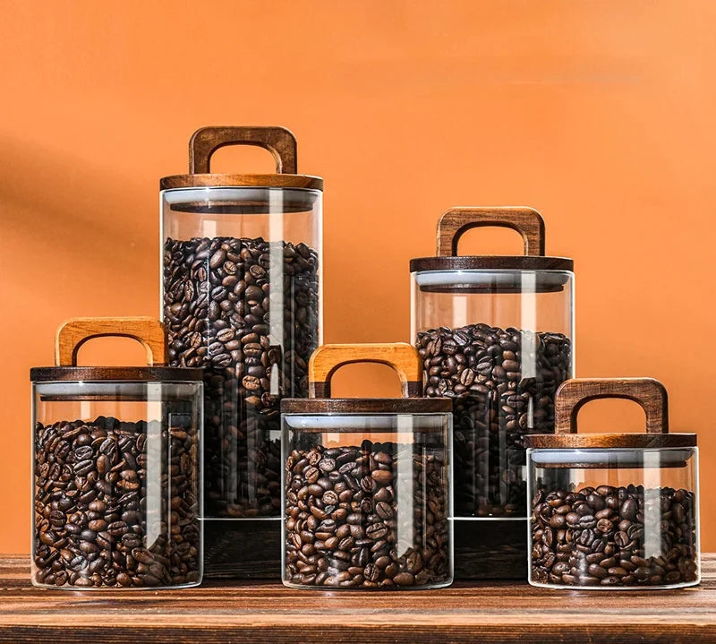 Tampa de madeira pote de vidro hermético recipiente de alimentos chá grãos de café garrafas de armazenamento de cozinha jar selado motivos frasco de doces