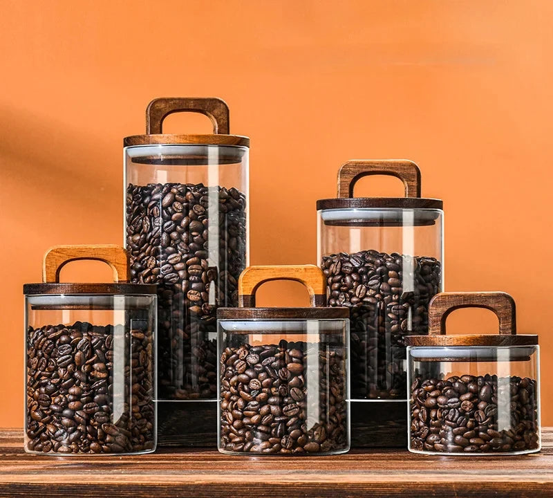 Tampa de madeira pote de vidro hermético recipiente de alimentos chá grãos de café garrafas de armazenamento de cozinha jar selado motivos frasco de doces