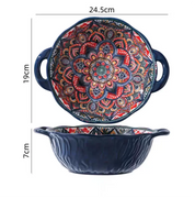 Tigela de sopa de cerâmica estilo boêmio com alça, design seguro para micro-ondas em relevo, ótimo para servir sopa, saladas, macarrão ramen