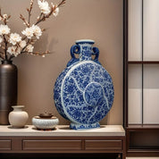 Vaso de porcelana artesanal com decoração tradicional chinesa floral azul e branco, garrafa de lua de orelha dupla estilo antigo