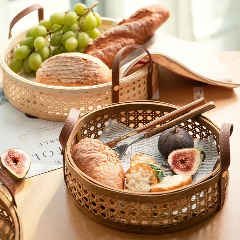 Nordic retro artesanal armazenamento rattan bandeja de couro alça frutas pão diversos desktop decoração da família cesta redonda pequena