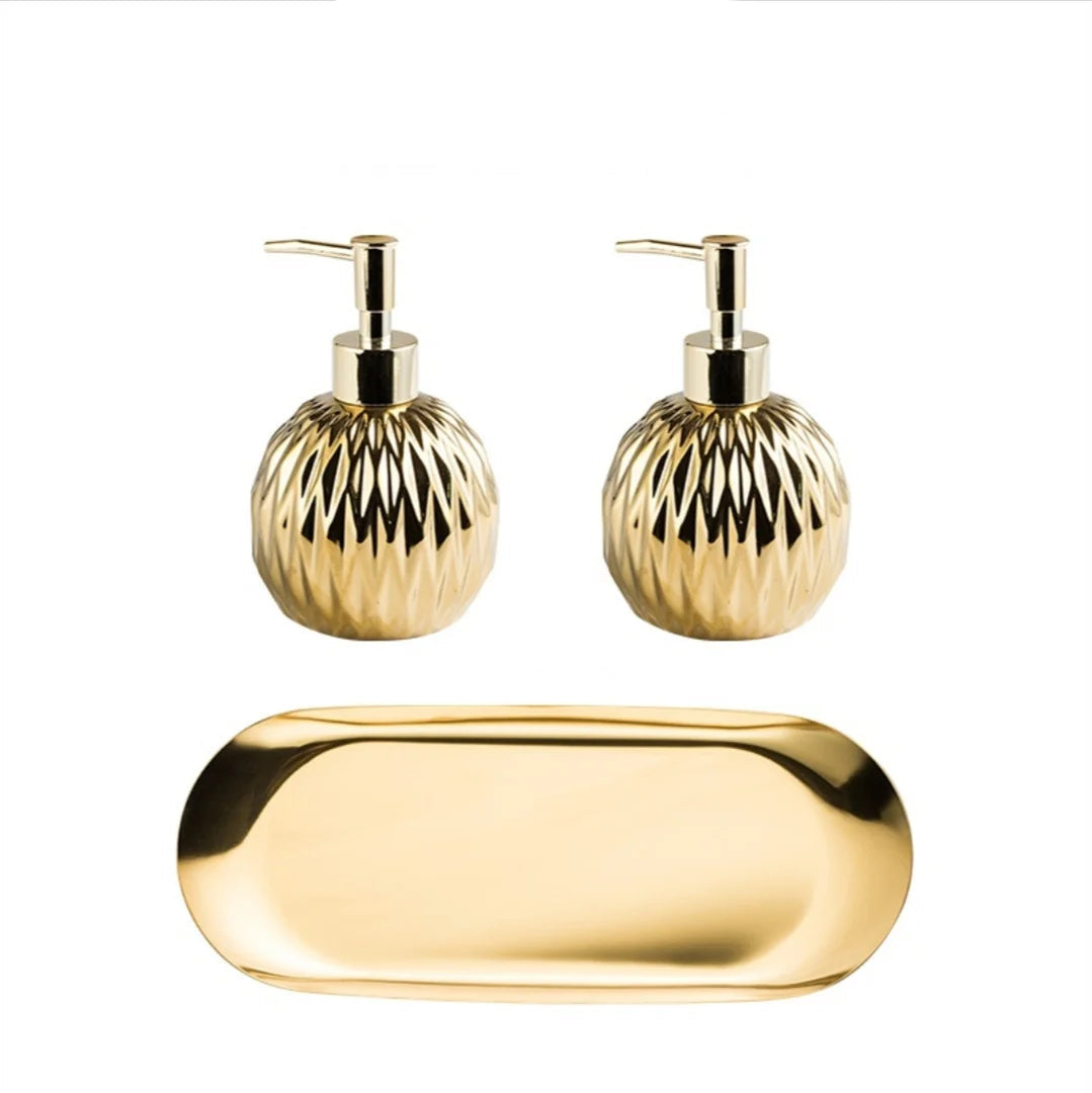 Luxo Gold Soap Dispenser com Press handle Ceramic Dispenser Silver Dispenser com aço inoxidável Bandeja Banheiro Acessório