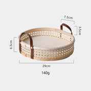 Nordic retro artesanal armazenamento rattan bandeja de couro alça frutas pão diversos desktop decoração da família cesta redonda pequena