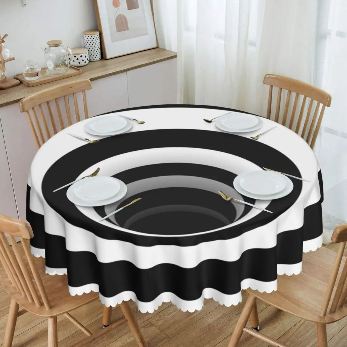 Toalha de Mesa Redonda Ilusão Óptica Preto e Branco 60"