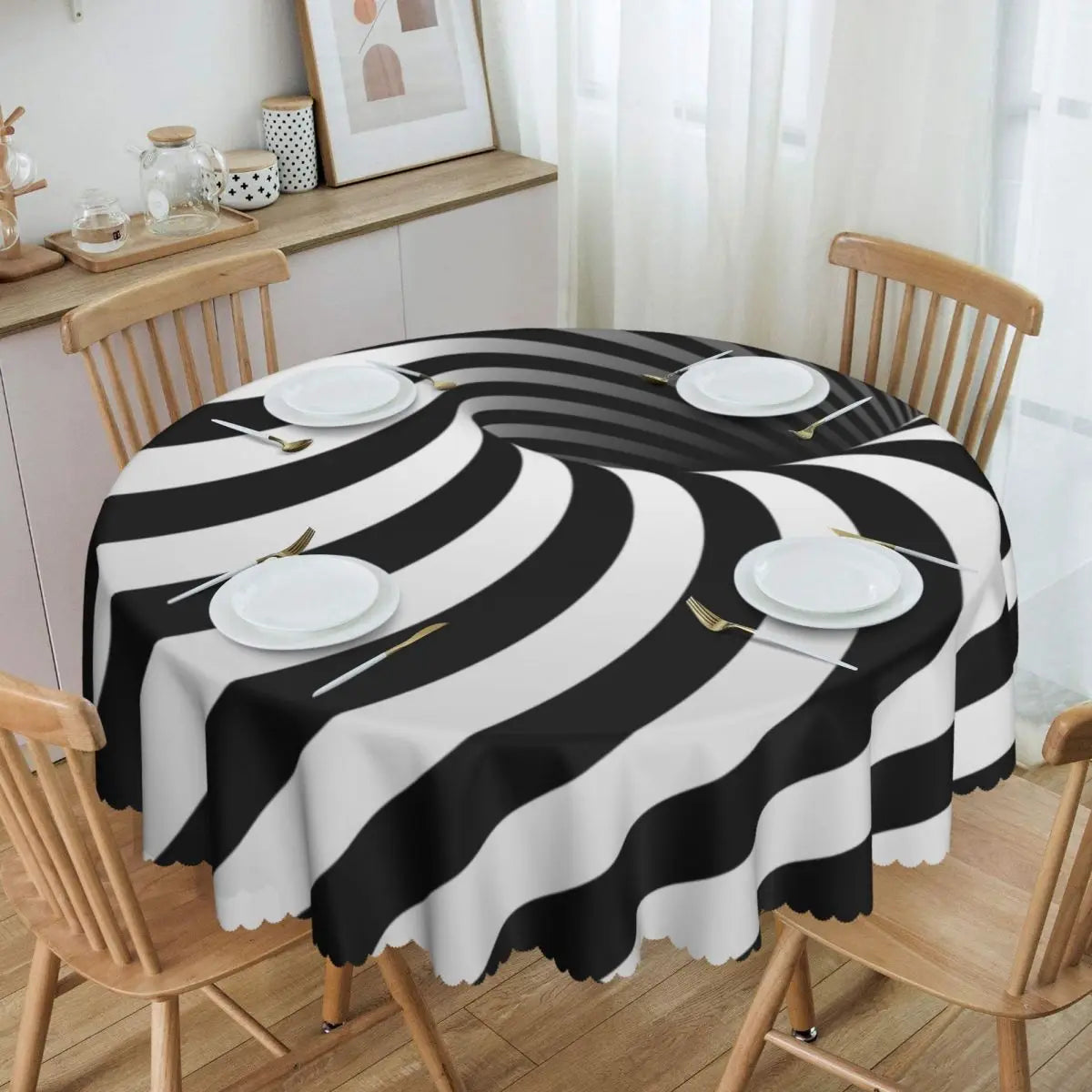 Toalha de Mesa Redonda Ilusão Óptica Preto e Branco 60"